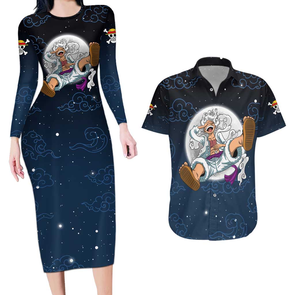 Luffy Gear 5 V2 One Piece Couples Matching Long Sleeve Bodycon Dress and Hawaiian Shirt Anime Style
