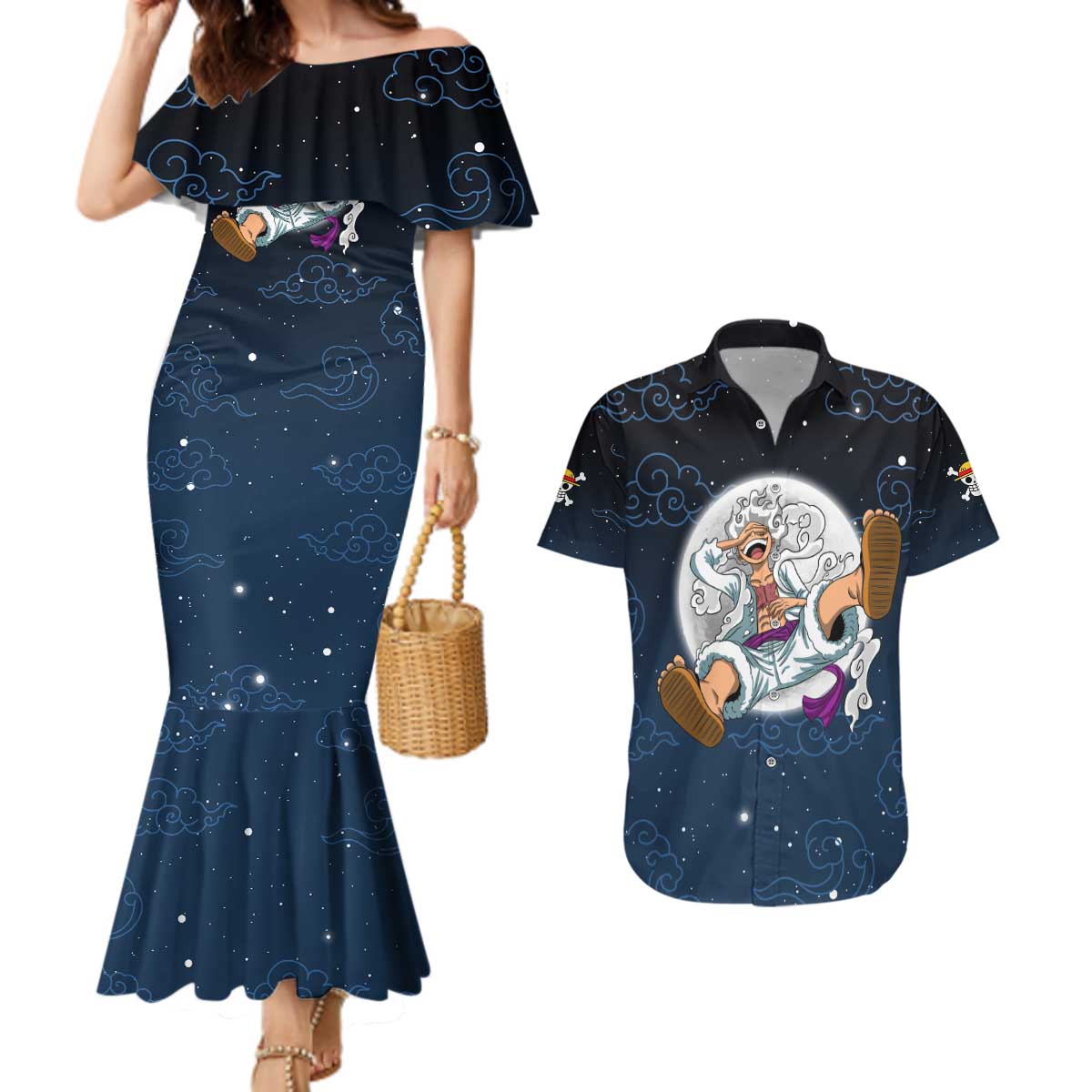 Luffy Gear 5 V2 One Piece Couples Matching Mermaid Dress and Hawaiian Shirt Anime Style