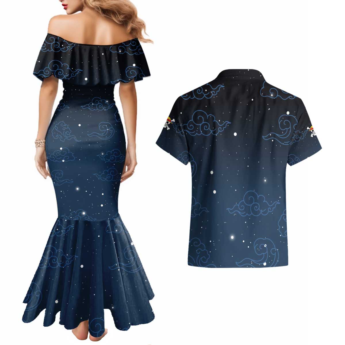 Luffy Gear 5 V2 One Piece Couples Matching Mermaid Dress and Hawaiian Shirt Anime Style