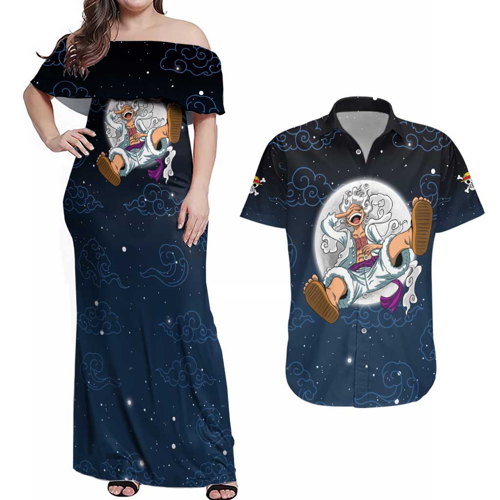 Luffy Gear 5 V2 One Piece Couples Matching Off Shoulder Maxi Dress and Hawaiian Shirt Anime Style