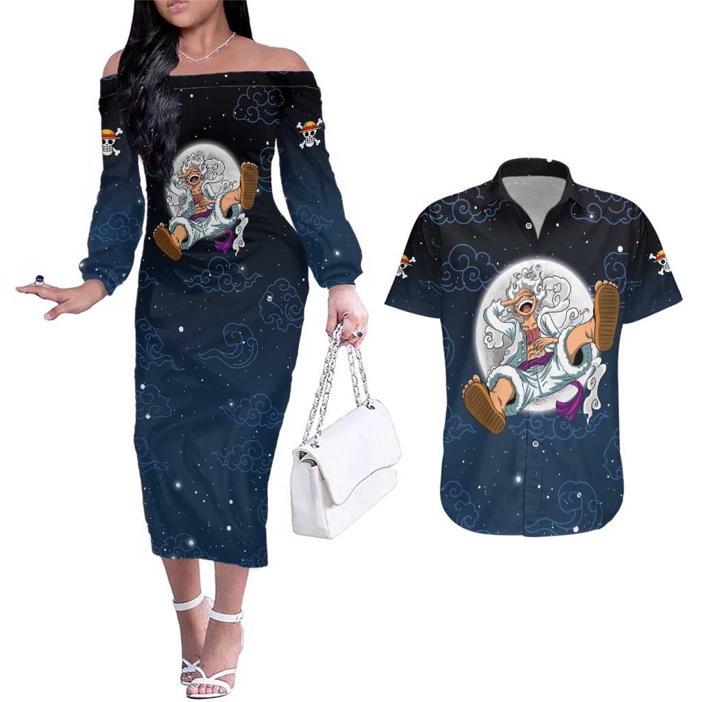 Luffy Gear 5 V2 One Piece Couples Matching Off The Shoulder Long Sleeve Dress and Hawaiian Shirt Anime Style