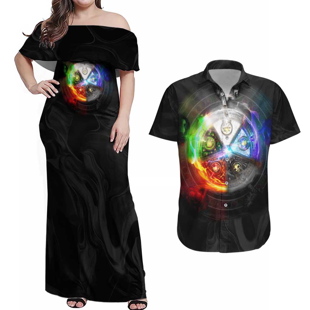 Elements of Magic the Gathering Couples Matching Off Shoulder Maxi Dress and Hawaiian Shirt Anime Style
