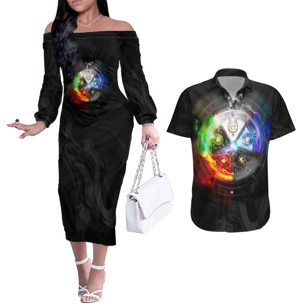 Elements of Magic the Gathering Couples Matching Off The Shoulder Long Sleeve Dress and Hawaiian Shirt Anime Style