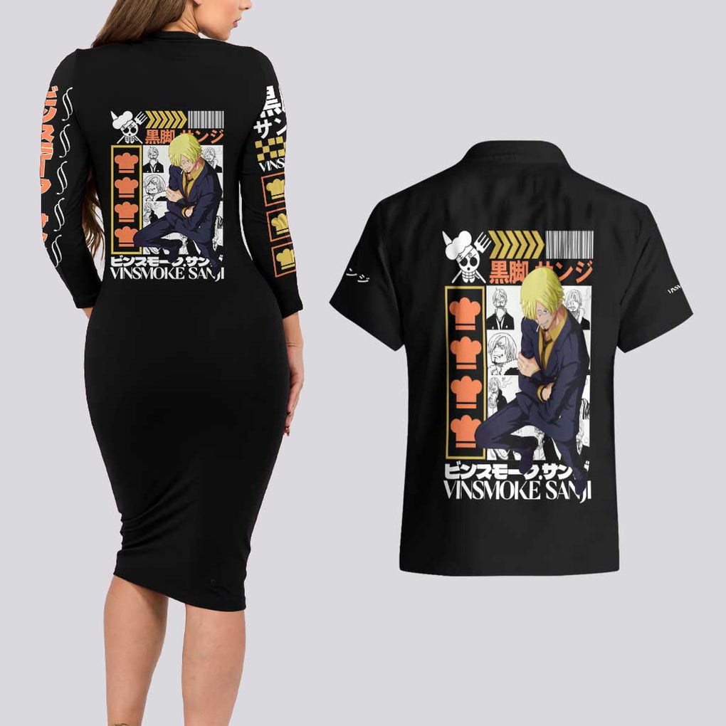 Vinsmoke Sanji - Straw Hat Team - One Piece Couples Matching Long Sleeve Bodycon Dress and Hawaiian Shirt Anime Style