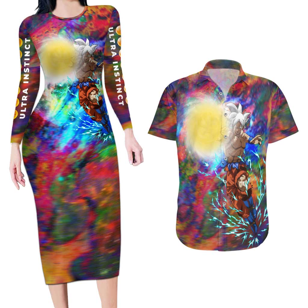 Trippy Ultra Instinct Goku Dragon Ball Z Couples Matching Long Sleeve Bodycon Dress and Hawaiian Shirt Anime Style