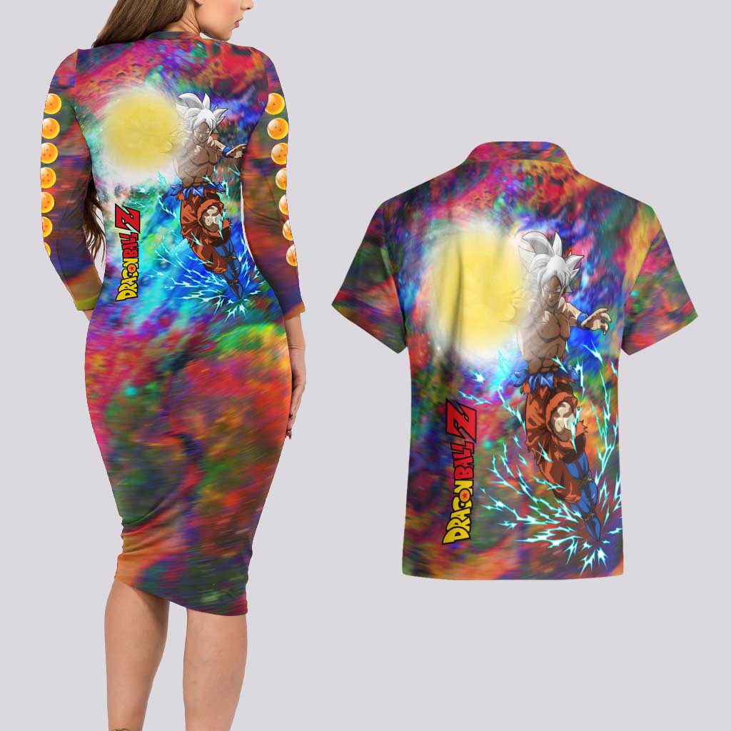 Trippy Ultra Instinct Goku Dragon Ball Z Couples Matching Long Sleeve Bodycon Dress and Hawaiian Shirt Anime Style