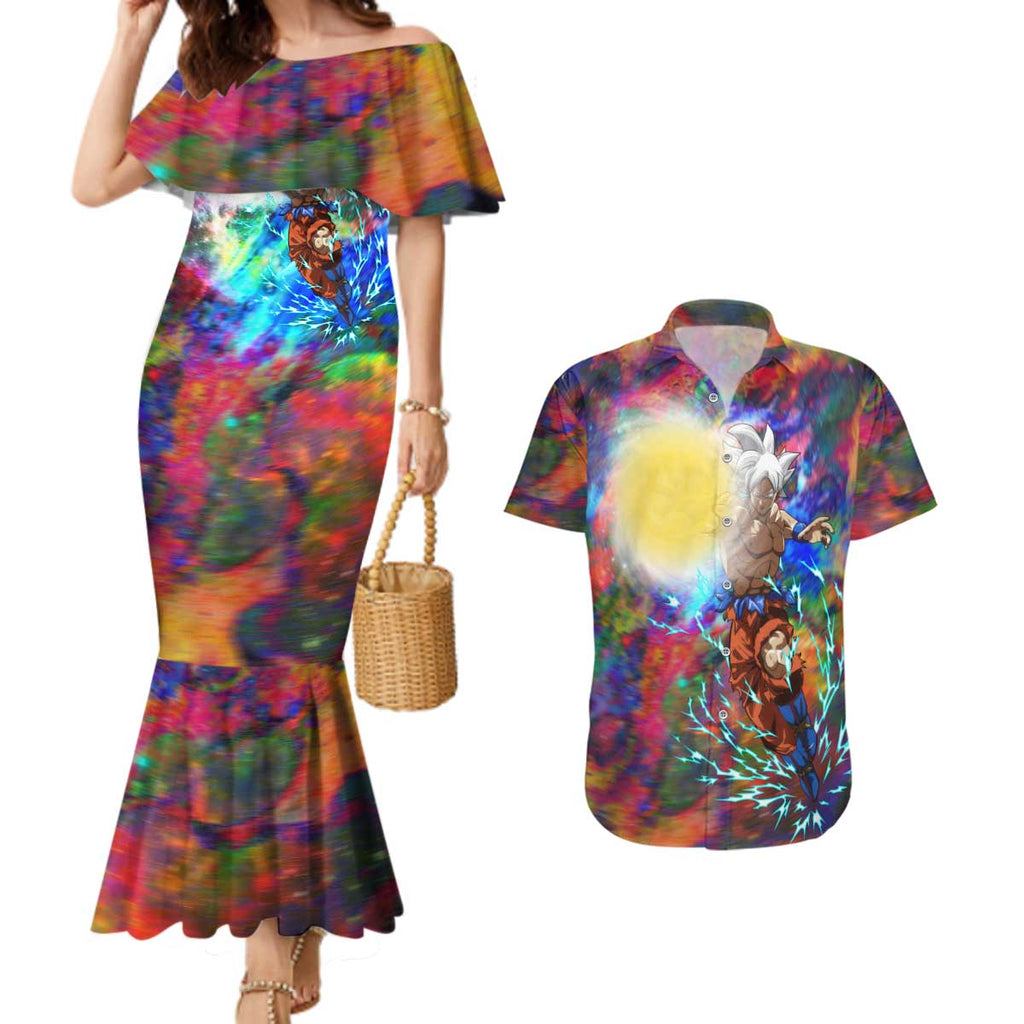 Trippy Ultra Instinct Goku Dragon Ball Z Couples Matching Mermaid Dress and Hawaiian Shirt Anime Style