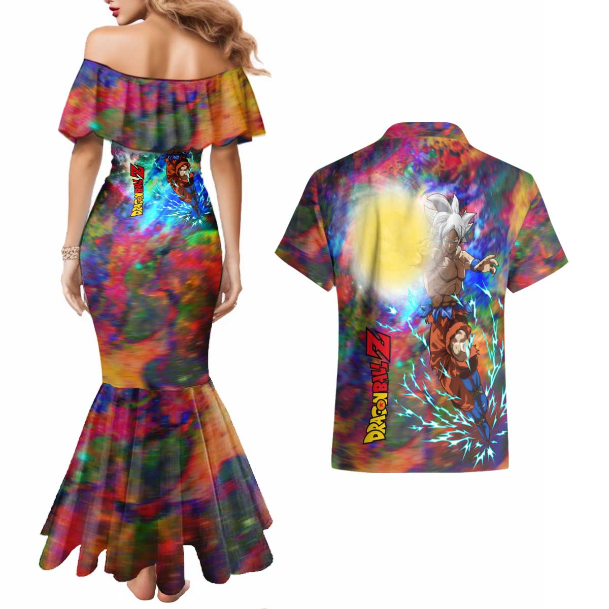 Trippy Ultra Instinct Goku Dragon Ball Z Couples Matching Mermaid Dress and Hawaiian Shirt Anime Style