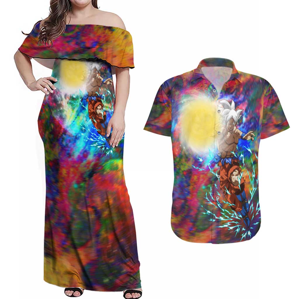Trippy Ultra Instinct Goku Dragon Ball Z Couples Matching Off Shoulder Maxi Dress and Hawaiian Shirt Anime Style