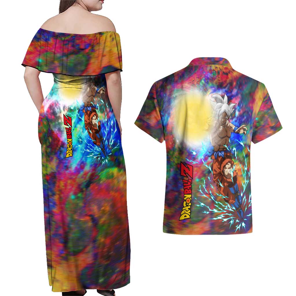Trippy Ultra Instinct Goku Dragon Ball Z Couples Matching Off Shoulder Maxi Dress and Hawaiian Shirt Anime Style