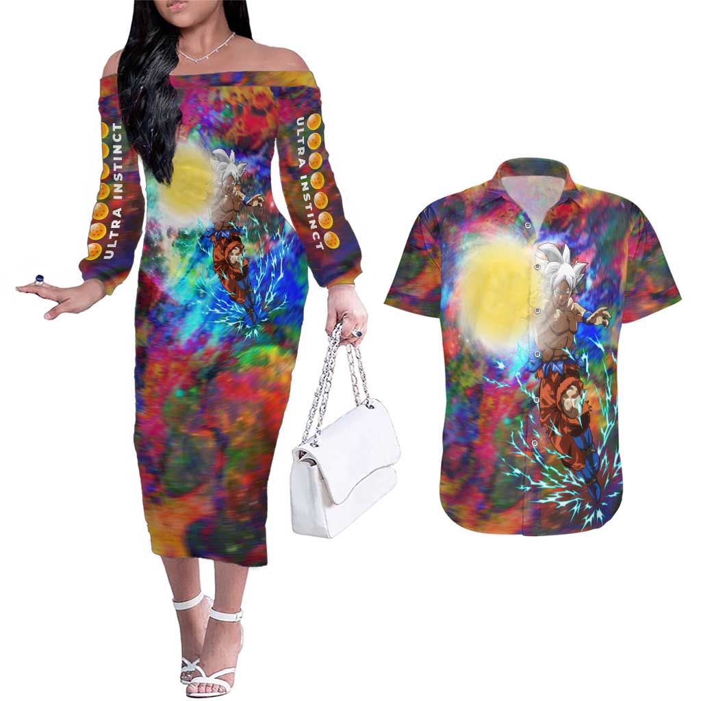 Trippy Ultra Instinct Goku Dragon Ball Z Couples Matching Off The Shoulder Long Sleeve Dress and Hawaiian Shirt Anime Style