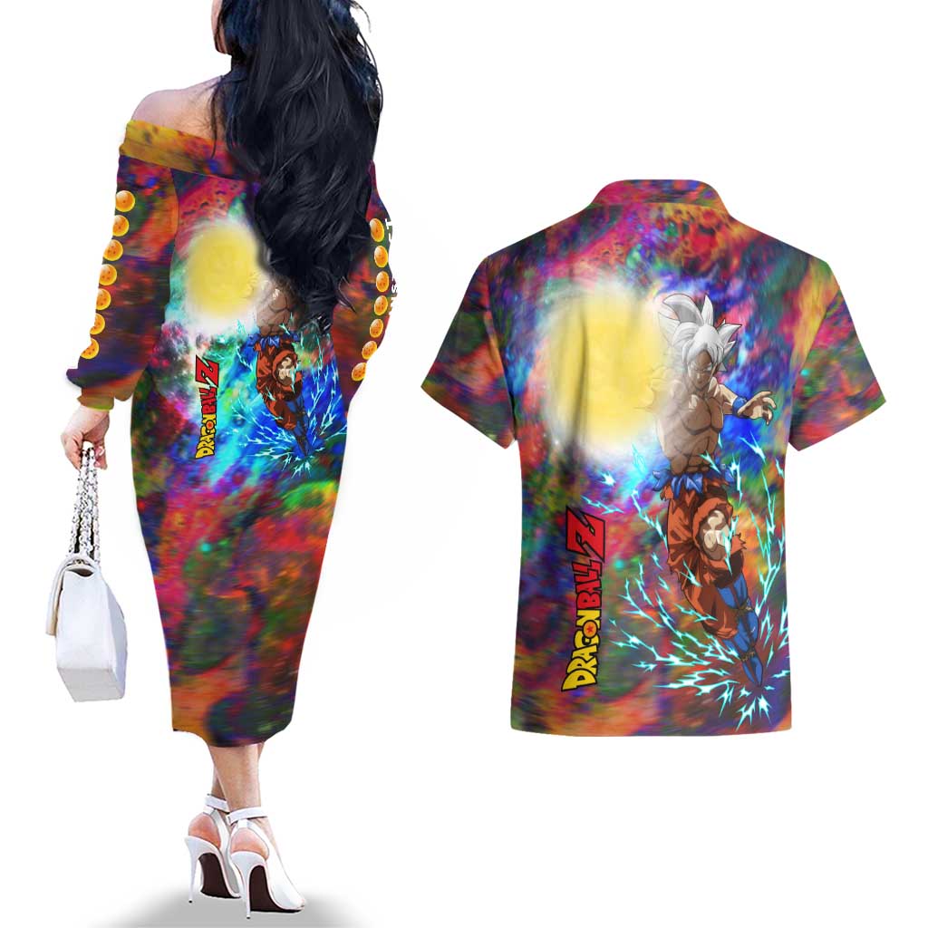 Trippy Ultra Instinct Goku Dragon Ball Z Couples Matching Off The Shoulder Long Sleeve Dress and Hawaiian Shirt Anime Style
