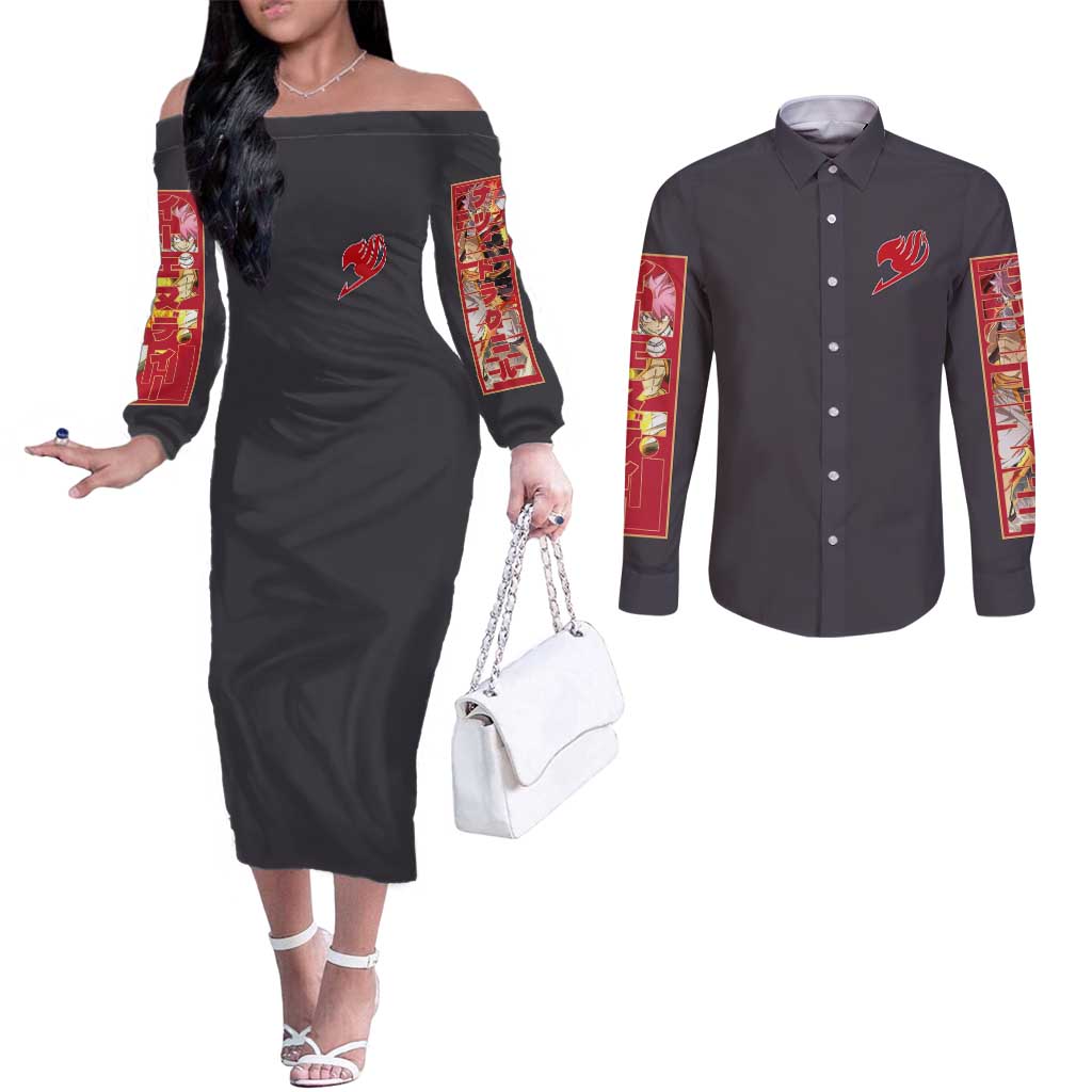 Natsu Dragneel Fairy Tail Couples Matching Off The Shoulder Long Sleeve Dress and Long Sleeve Button Shirt Anime Style