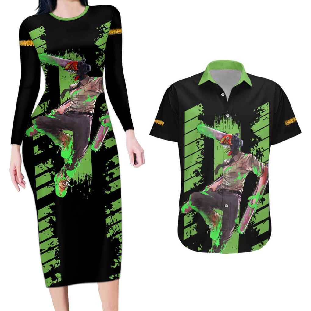 Denji Chainsaw Man Couples Matching Long Sleeve Bodycon Dress and Hawaiian Shirt Anime Cyper Art Style