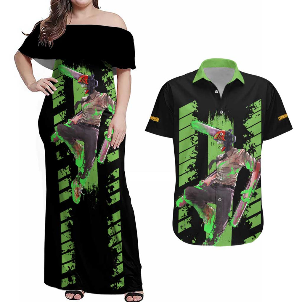 Denji Chainsaw Man Couples Matching Off Shoulder Maxi Dress and Hawaiian Shirt Anime Cyper Art Style