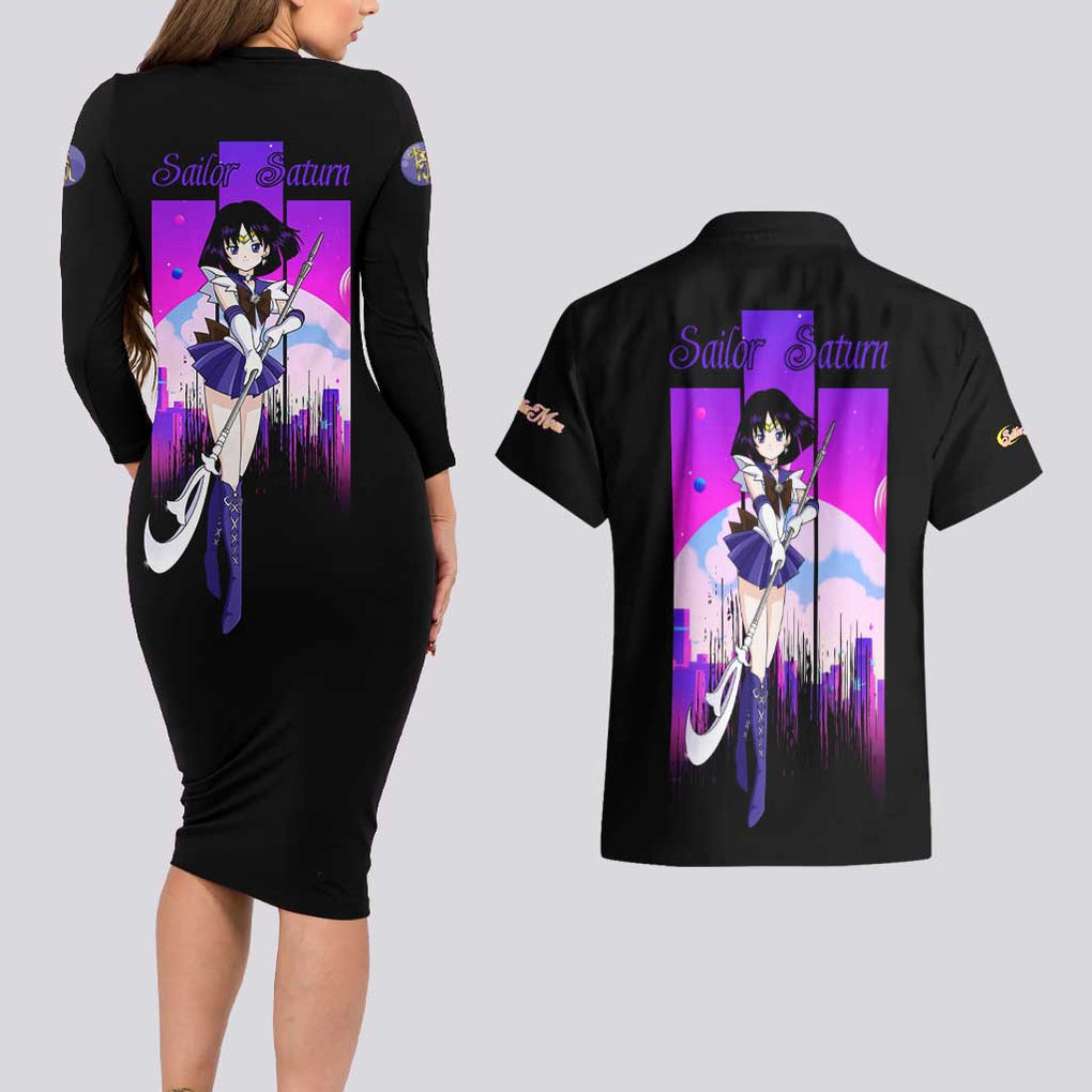 Saturn - Sailor Moon Couples Matching Long Sleeve Bodycon Dress and Hawaiian Shirt Anime Style