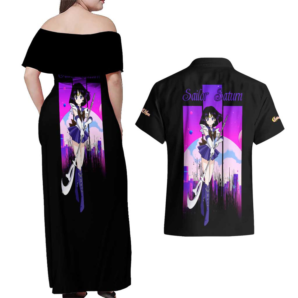 Saturn - Sailor Moon Couples Matching Off Shoulder Maxi Dress and Hawaiian Shirt Anime Style
