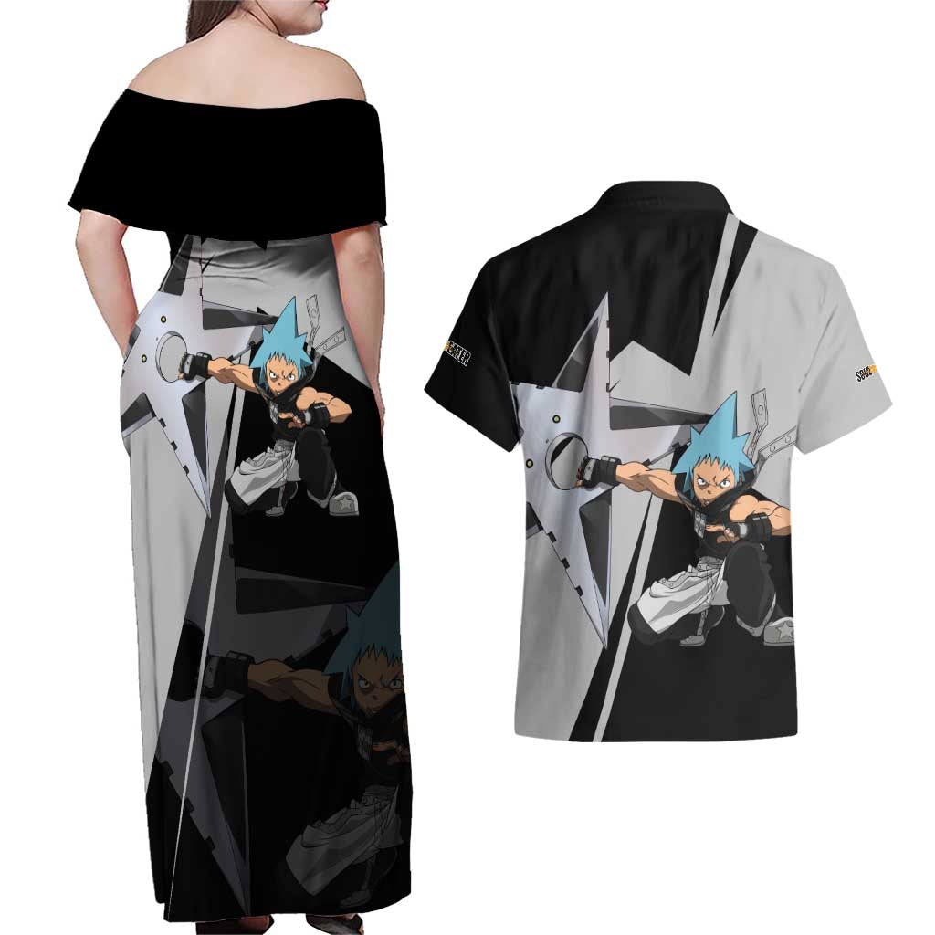 Black Star Soul Eater Couples Matching Off Shoulder Maxi Dress and Hawaiian Shirt Anime Style TS04