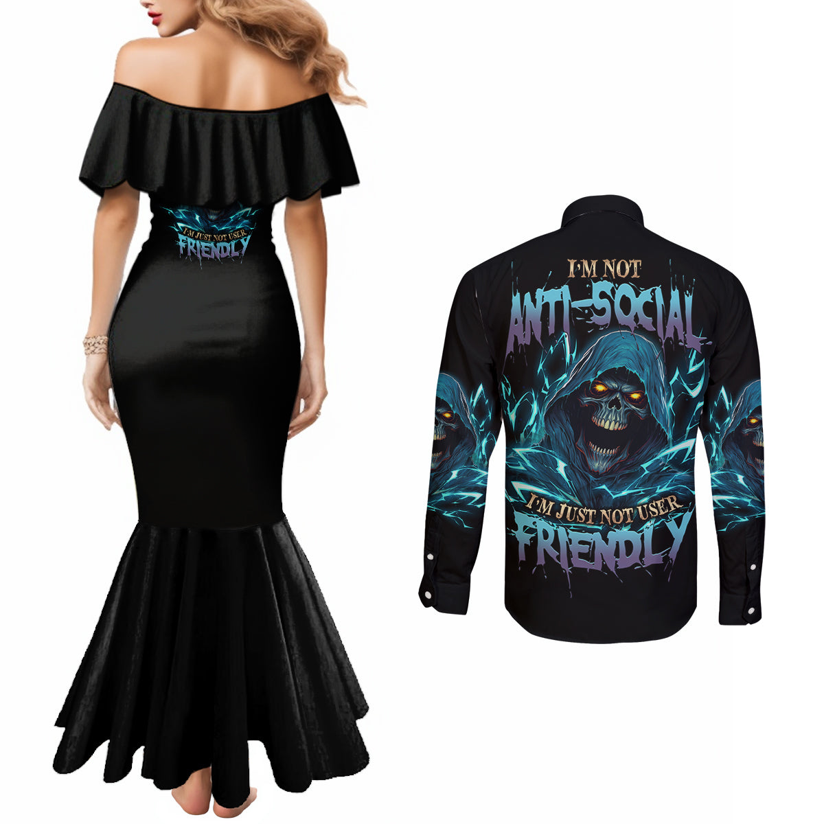 im-not-anti-social-mad-reaper-skull-couples-matching-mermaid-dress-and-long-sleeve-button-shirt