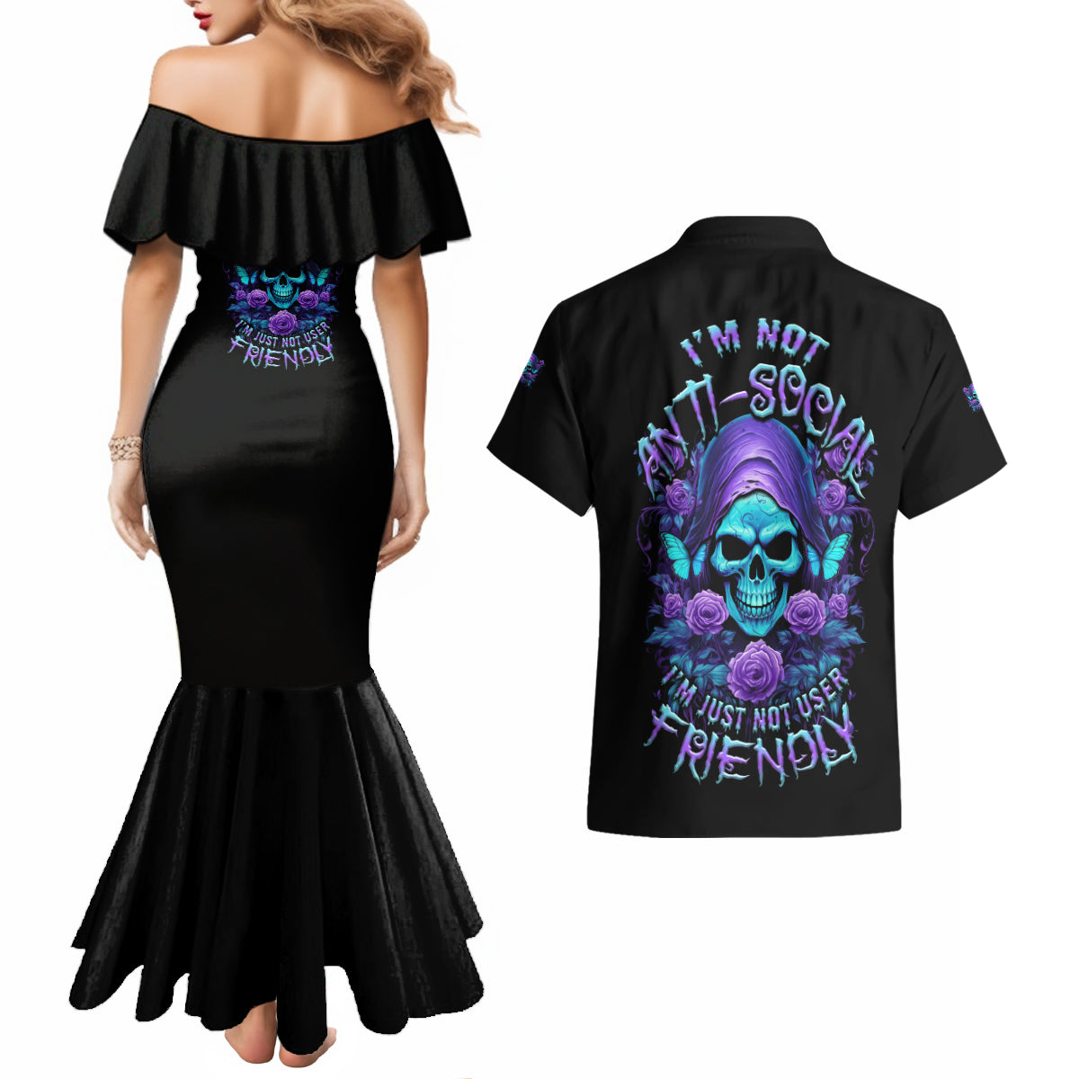 im-not-anti-social-mad-reaper-skull-couples-matching-mermaid-dress-and-hawaiian-shirt
