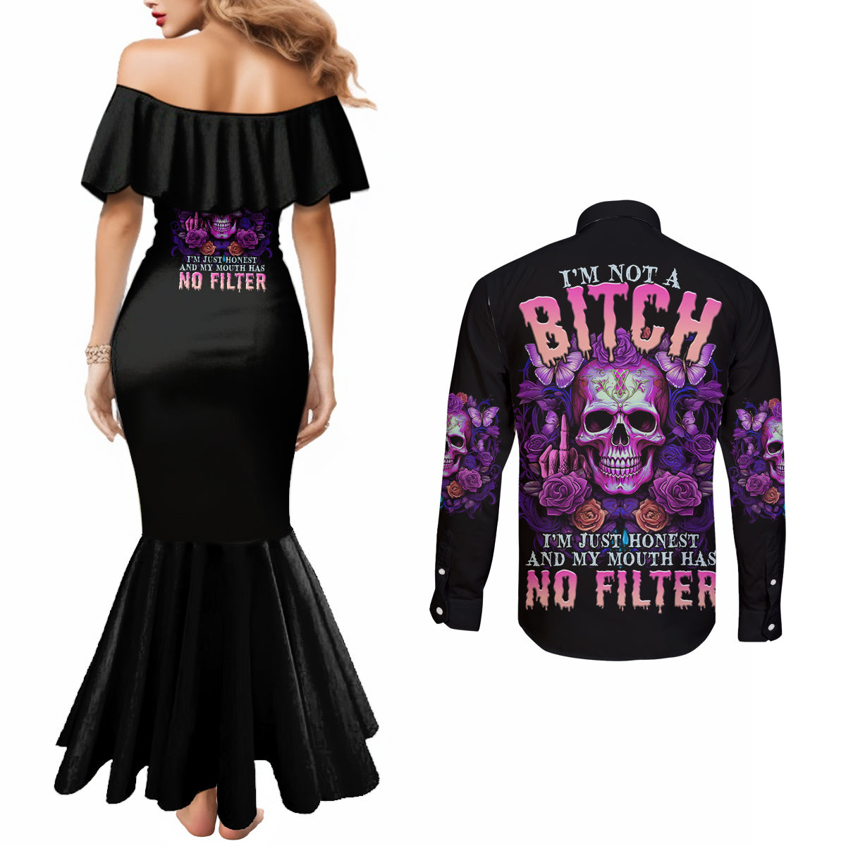 im-not-a-b-im-just-honest-skull-butterfly-couples-matching-mermaid-dress-and-long-sleeve-button-shirt