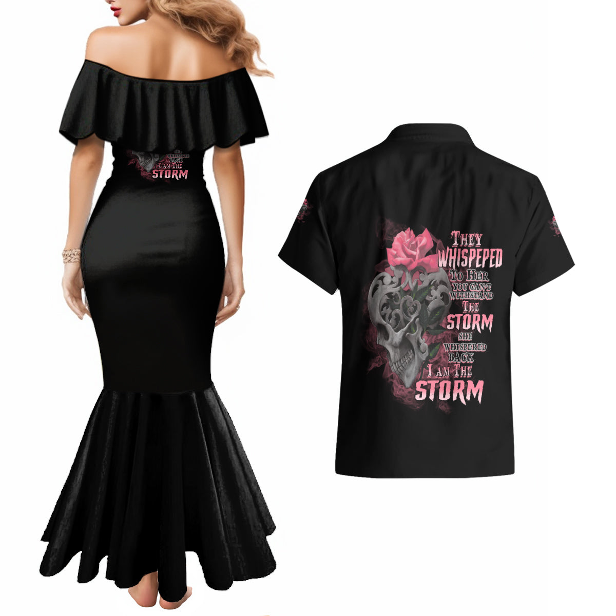 i-am-the-storm-tattooed-skull-couples-matching-mermaid-dress-and-hawaiian-shirt