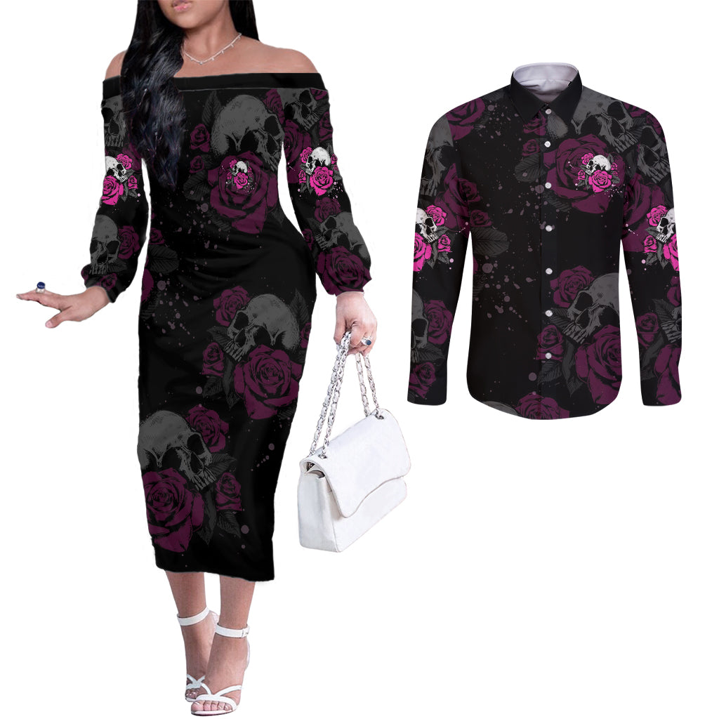 the-good-girl-in-me-got-tired-skull-rose-couples-matching-off-the-shoulder-long-sleeve-dress-and-long-sleeve-button-shirt