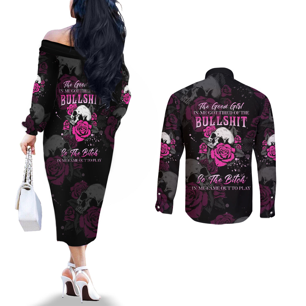 the-good-girl-in-me-got-tired-skull-rose-couples-matching-off-the-shoulder-long-sleeve-dress-and-long-sleeve-button-shirt