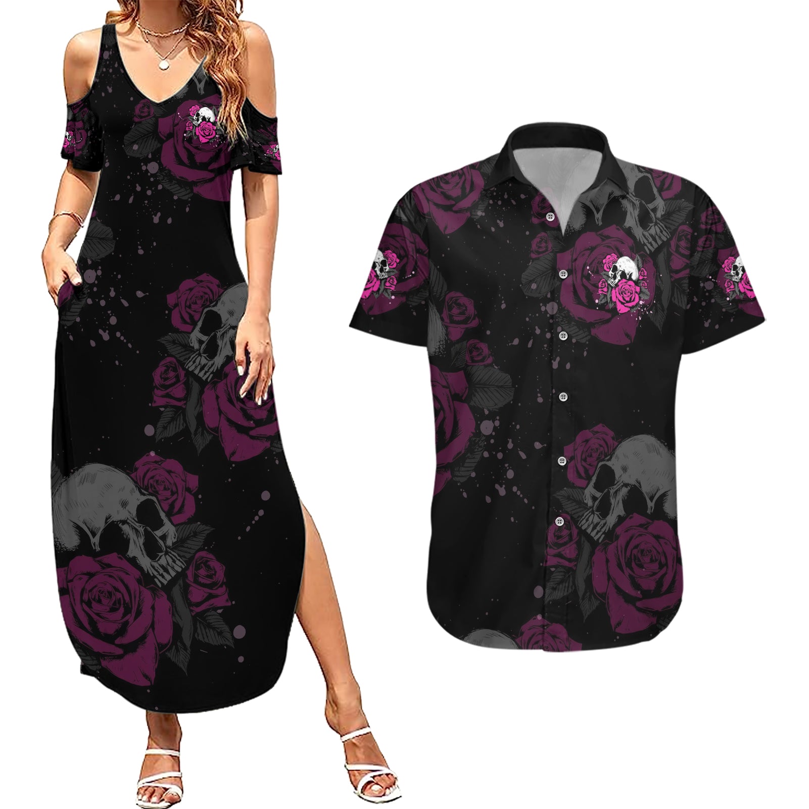 the-good-girl-in-me-got-tired-skull-rose-couples-matching-summer-maxi-dress-and-hawaiian-shirt