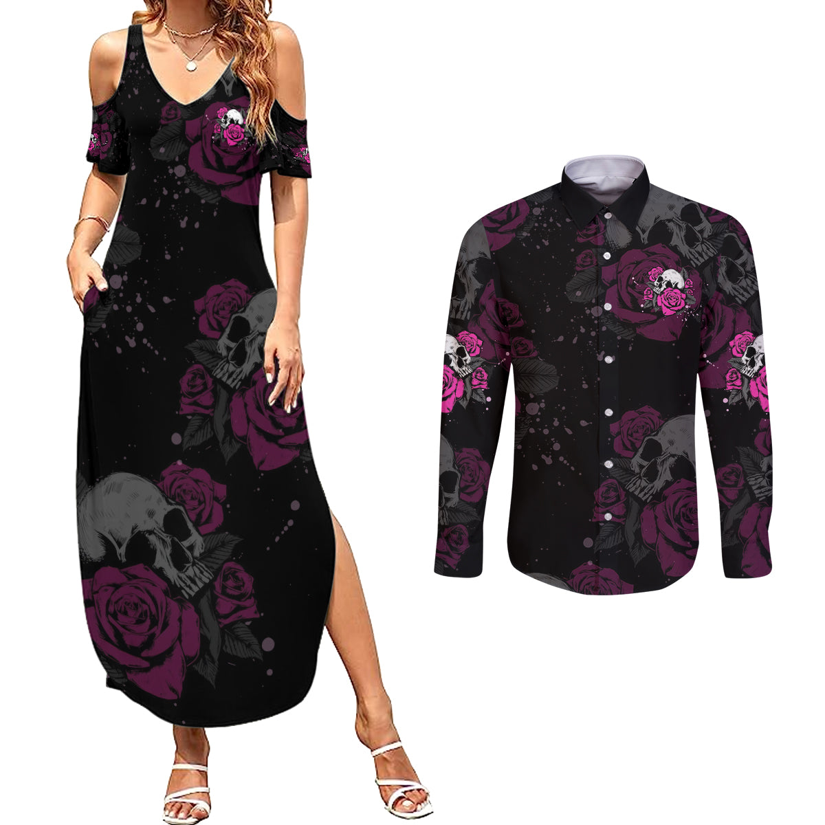 the-good-girl-in-me-got-tired-skull-rose-couples-matching-summer-maxi-dress-and-long-sleeve-button-shirt