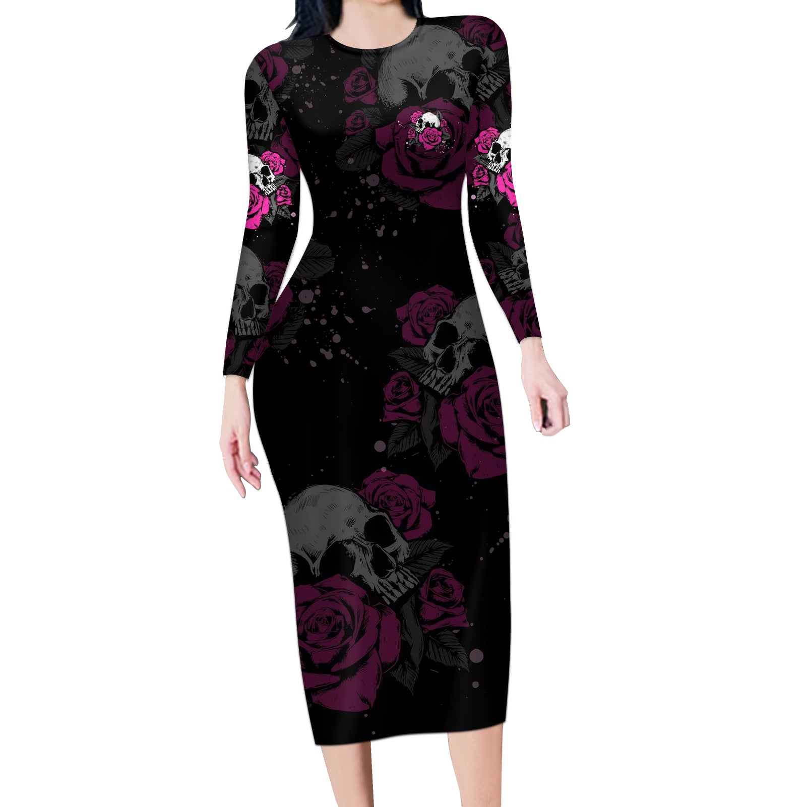 the-good-girl-in-me-got-tired-skull-rose-long-sleeve-bodycon-dress