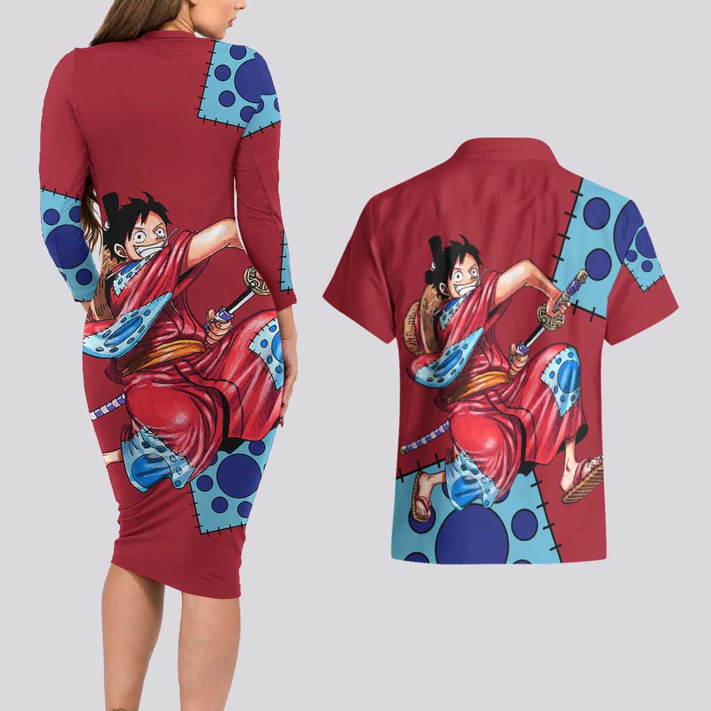Luffy Wano - One Piece Couples Matching Long Sleeve Bodycon Dress and Hawaiian Shirt Anime Style