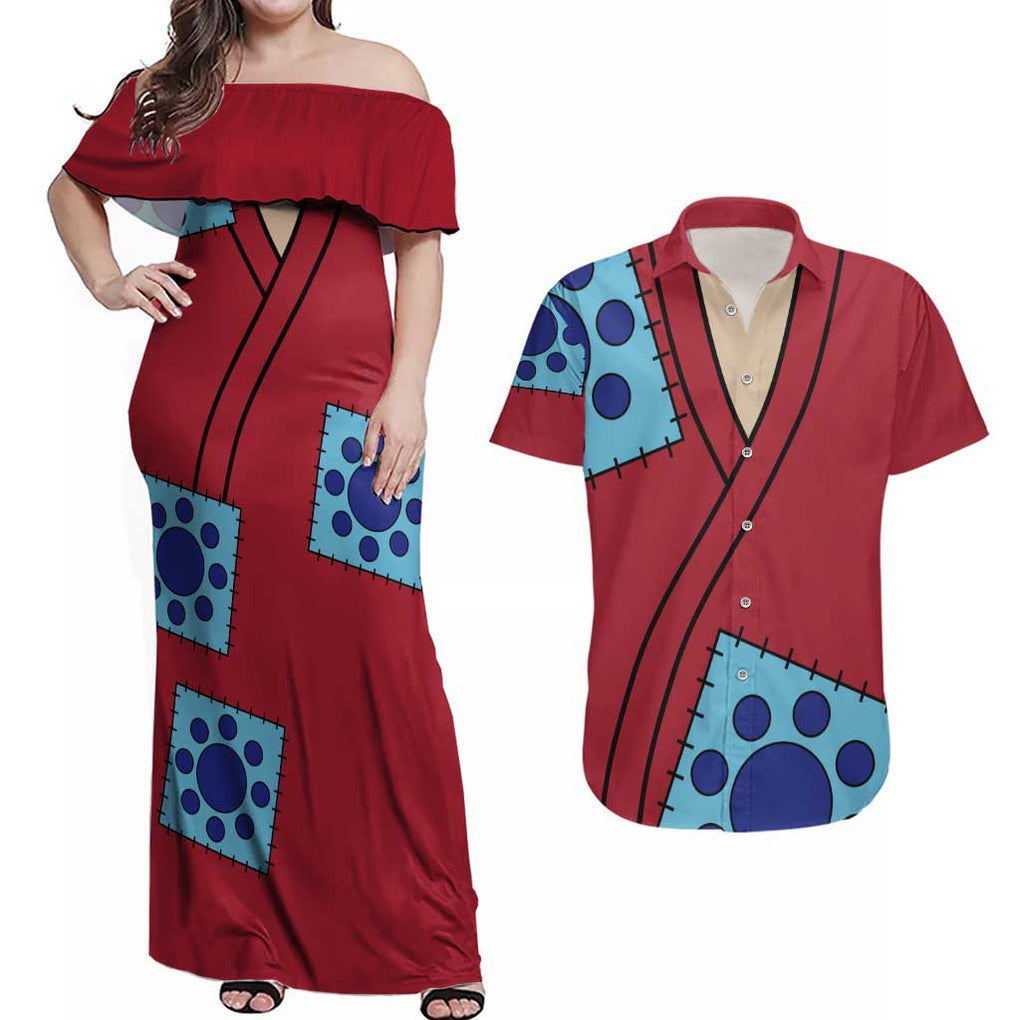 Luffy Wano - One Piece Couples Matching Off Shoulder Maxi Dress and Hawaiian Shirt Anime Style