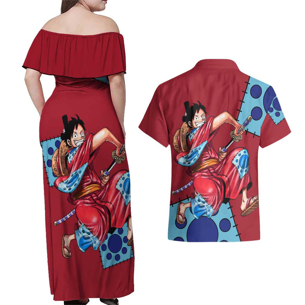 Luffy Wano - One Piece Couples Matching Off Shoulder Maxi Dress and Hawaiian Shirt Anime Style