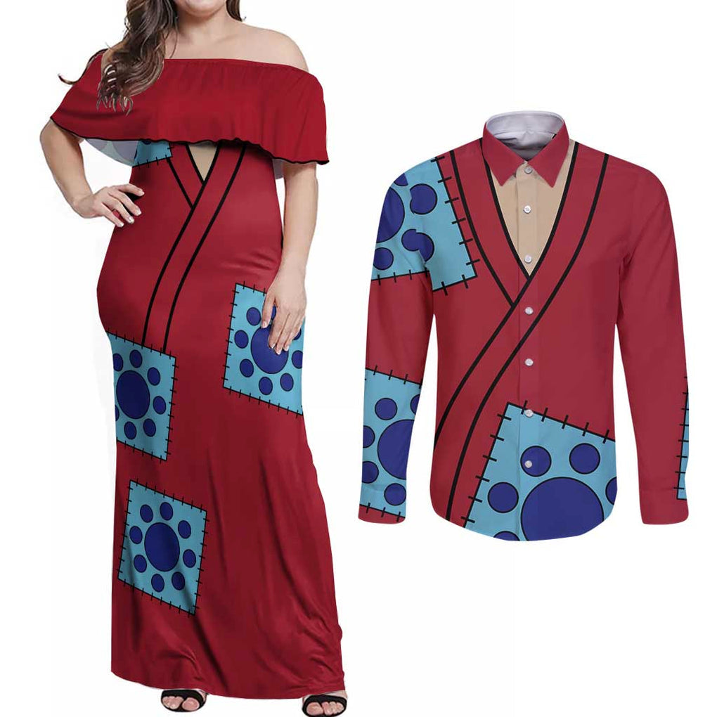 Luffy Wano - One Piece Couples Matching Off Shoulder Maxi Dress and Long Sleeve Button Shirt Anime Style