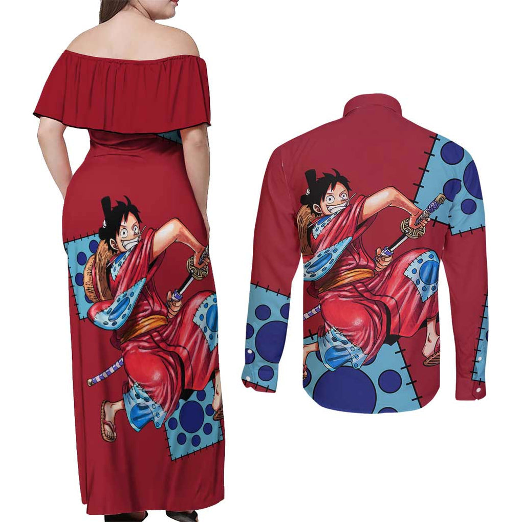 Luffy Wano - One Piece Couples Matching Off Shoulder Maxi Dress and Long Sleeve Button Shirt Anime Style