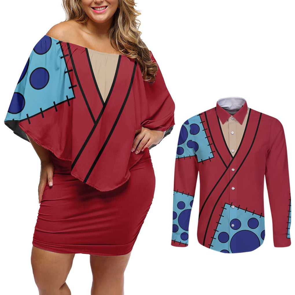 Luffy Wano - One Piece Couples Matching Off Shoulder Short Dress and Long Sleeve Button Shirt Anime Style