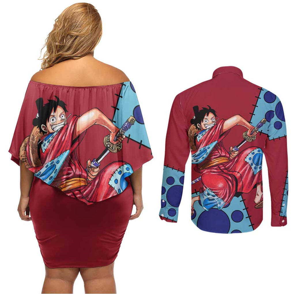 Luffy Wano - One Piece Couples Matching Off Shoulder Short Dress and Long Sleeve Button Shirt Anime Style