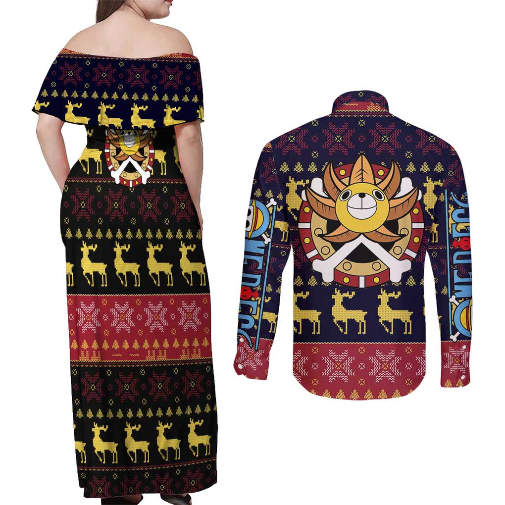Monbkey D, Luffy - Straw Hat - One Piece Couples Matching Off Shoulder Maxi Dress and Long Sleeve Button Shirt Anime Mix Christmas Style
