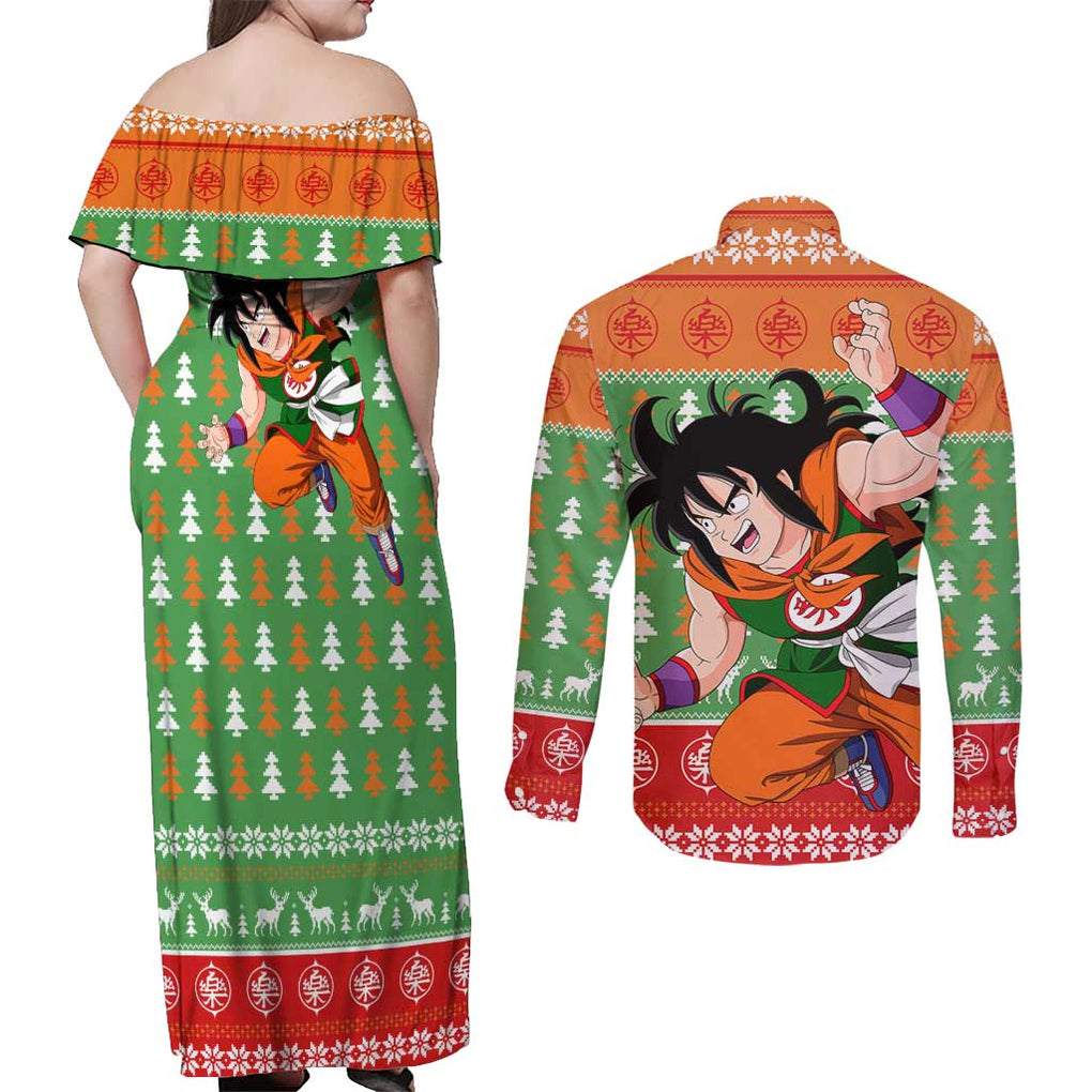 Yamcha - Dragon Ball Couples Matching Off Shoulder Maxi Dress and Long Sleeve Button Shirt Anime Mix Christmas Style