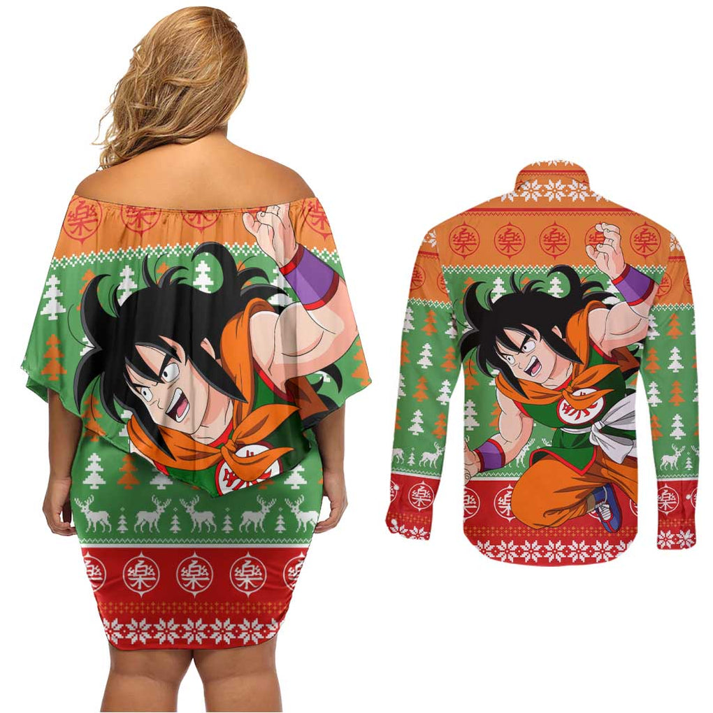 Yamcha - Dragon Ball Couples Matching Off Shoulder Short Dress and Long Sleeve Button Shirt Anime Mix Christmas Style