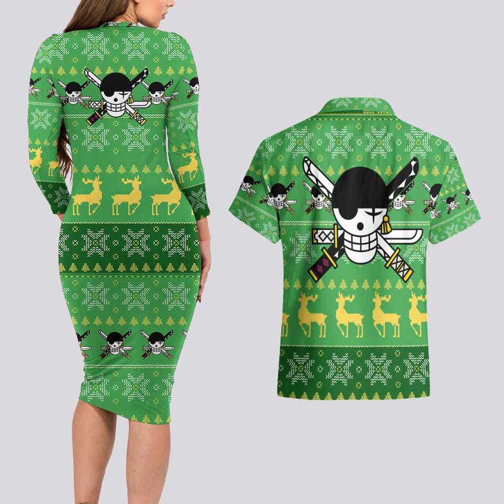 Roronoa Zoro - One Piece Couples Matching Long Sleeve Bodycon Dress and Hawaiian Shirt Anime Mix Christmas Style