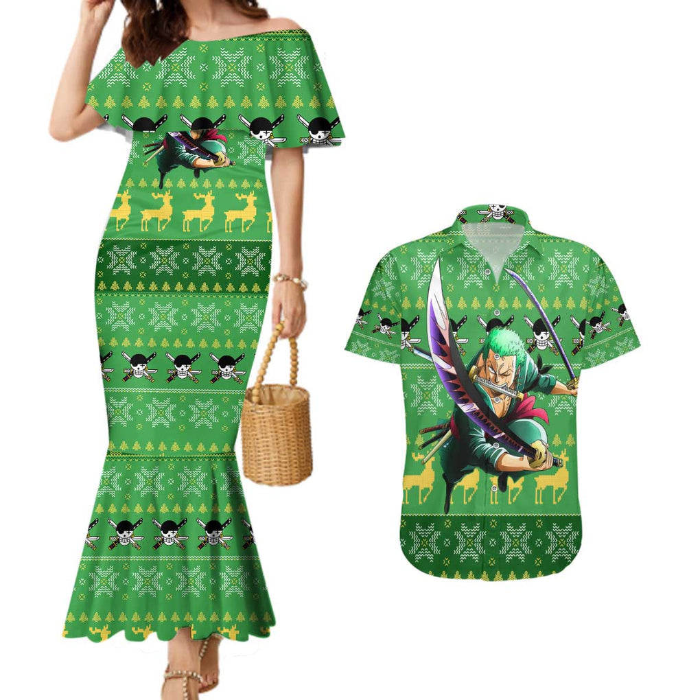 Roronoa Zoro - One Piece Couples Matching Mermaid Dress and Hawaiian Shirt Anime Mix Christmas Style