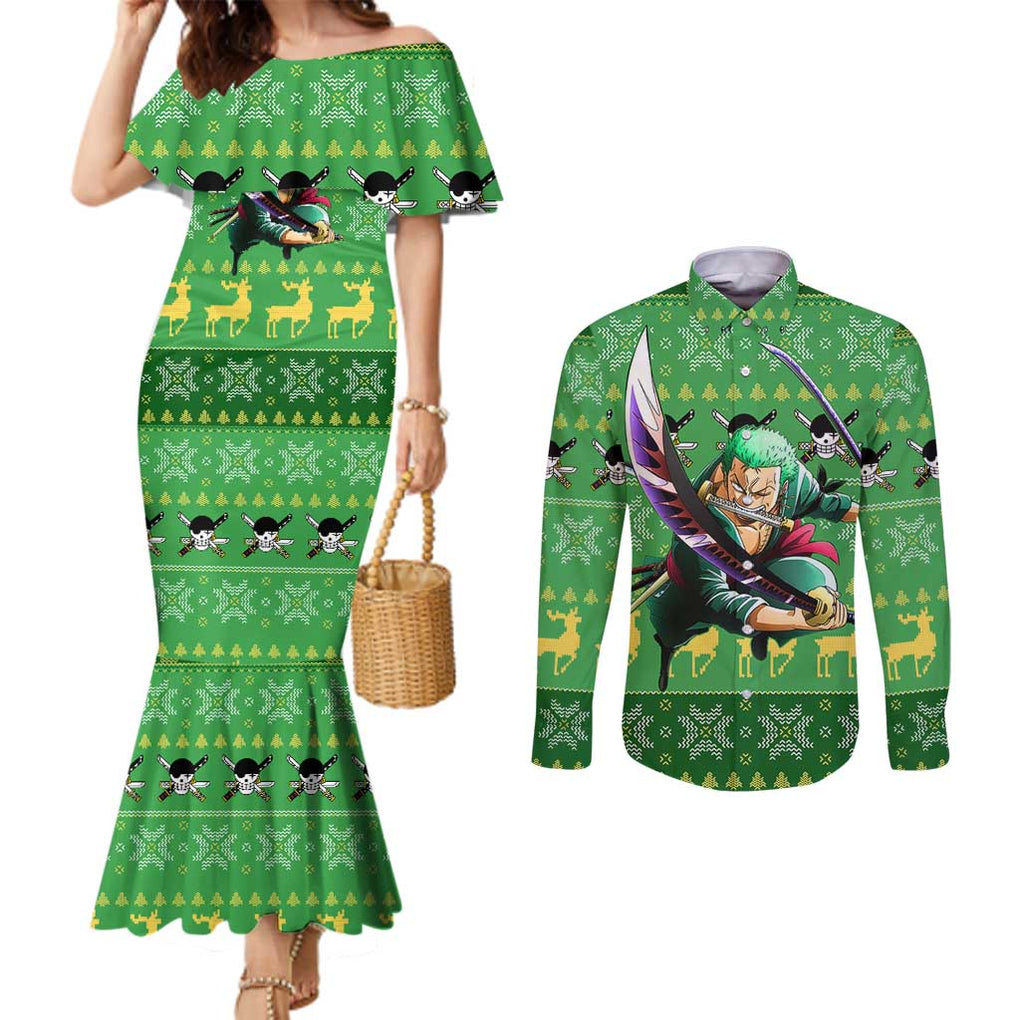 Roronoa Zoro - One Piece Couples Matching Mermaid Dress and Long Sleeve Button Shirt Anime Mix Christmas Style