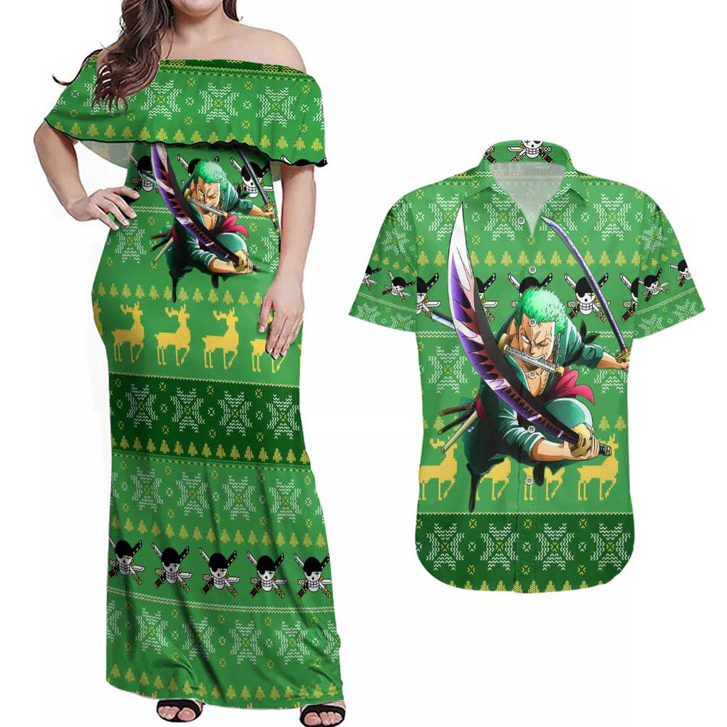 Roronoa Zoro - One Piece Couples Matching Off Shoulder Maxi Dress and Hawaiian Shirt Anime Mix Christmas Style