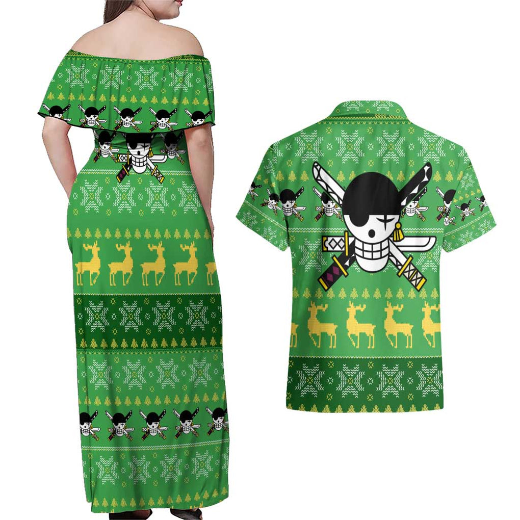 Roronoa Zoro - One Piece Couples Matching Off Shoulder Maxi Dress and Hawaiian Shirt Anime Mix Christmas Style
