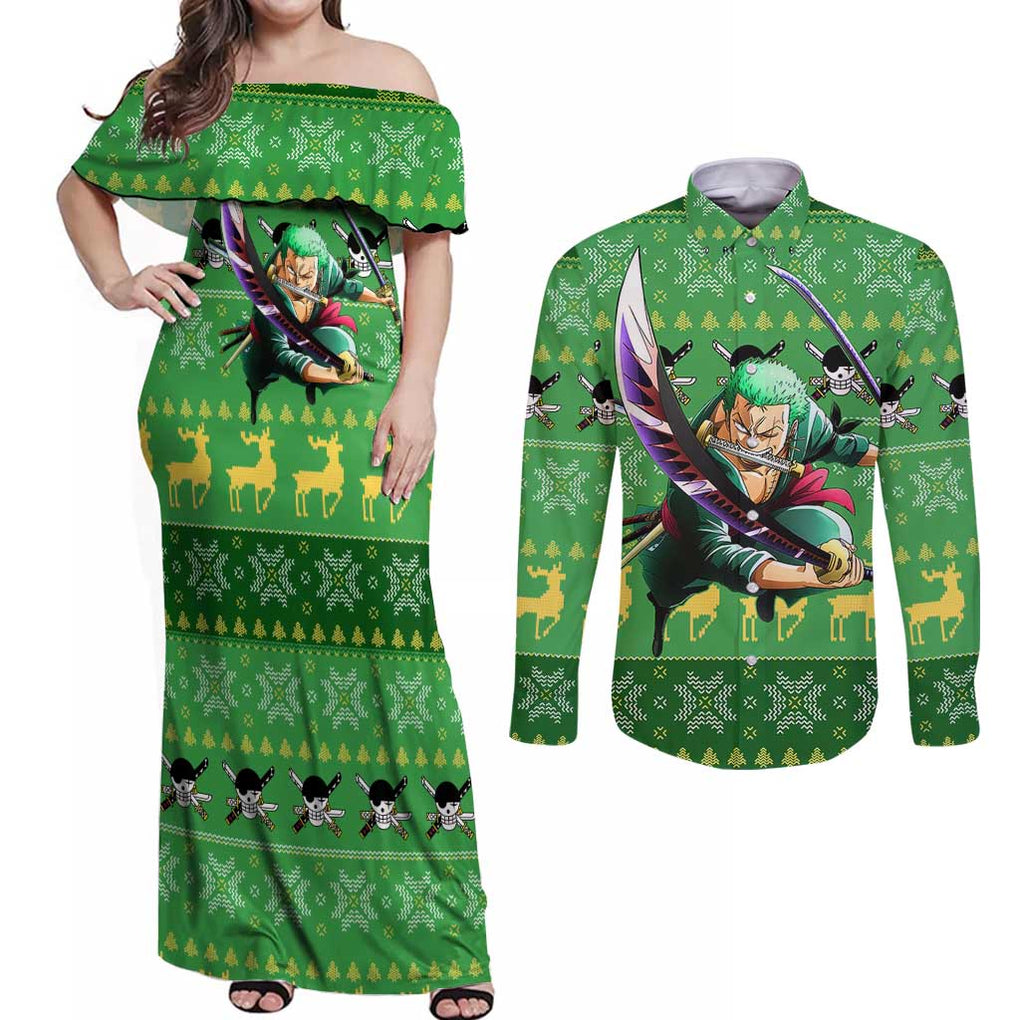 Roronoa Zoro - One Piece Couples Matching Off Shoulder Maxi Dress and Long Sleeve Button Shirt Anime Mix Christmas Style
