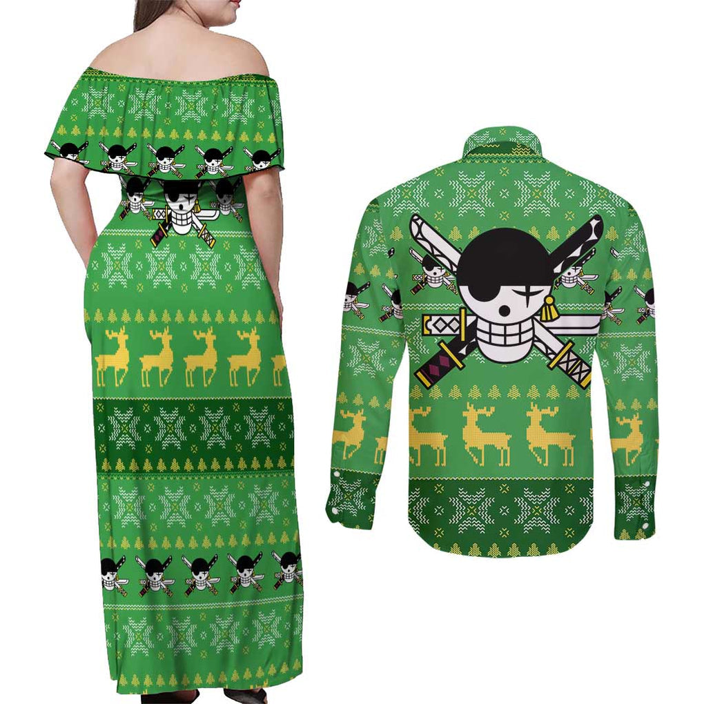 Roronoa Zoro - One Piece Couples Matching Off Shoulder Maxi Dress and Long Sleeve Button Shirt Anime Mix Christmas Style