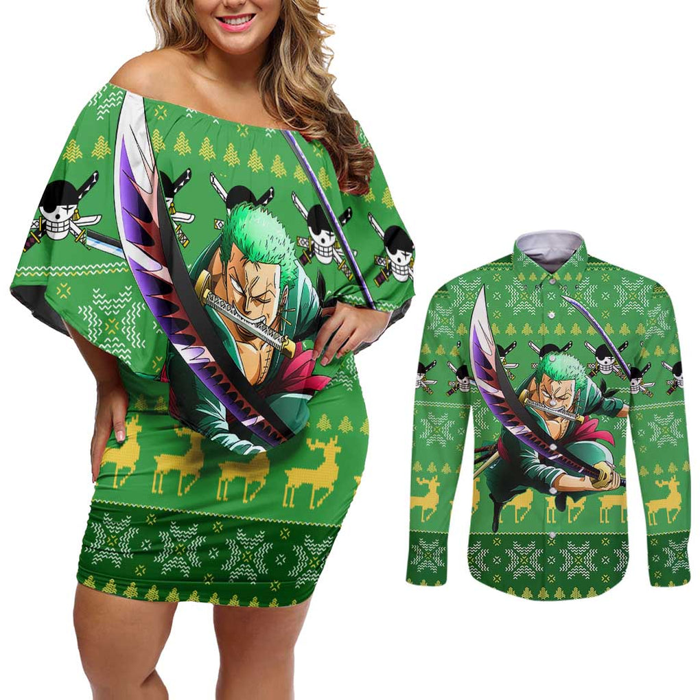 Roronoa Zoro - One Piece Couples Matching Off Shoulder Short Dress and Long Sleeve Button Shirt Anime Mix Christmas Style