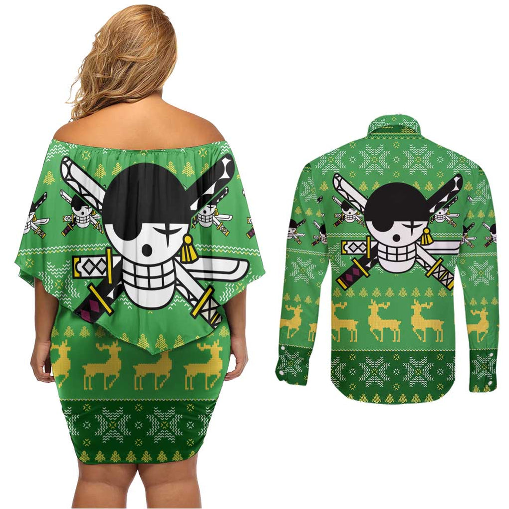 Roronoa Zoro - One Piece Couples Matching Off Shoulder Short Dress and Long Sleeve Button Shirt Anime Mix Christmas Style